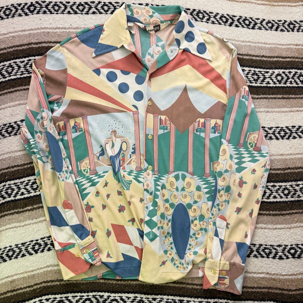 Men's Vintage 1970's Chess King Multi-Patterned Abstract Button Up Shirt Sz M